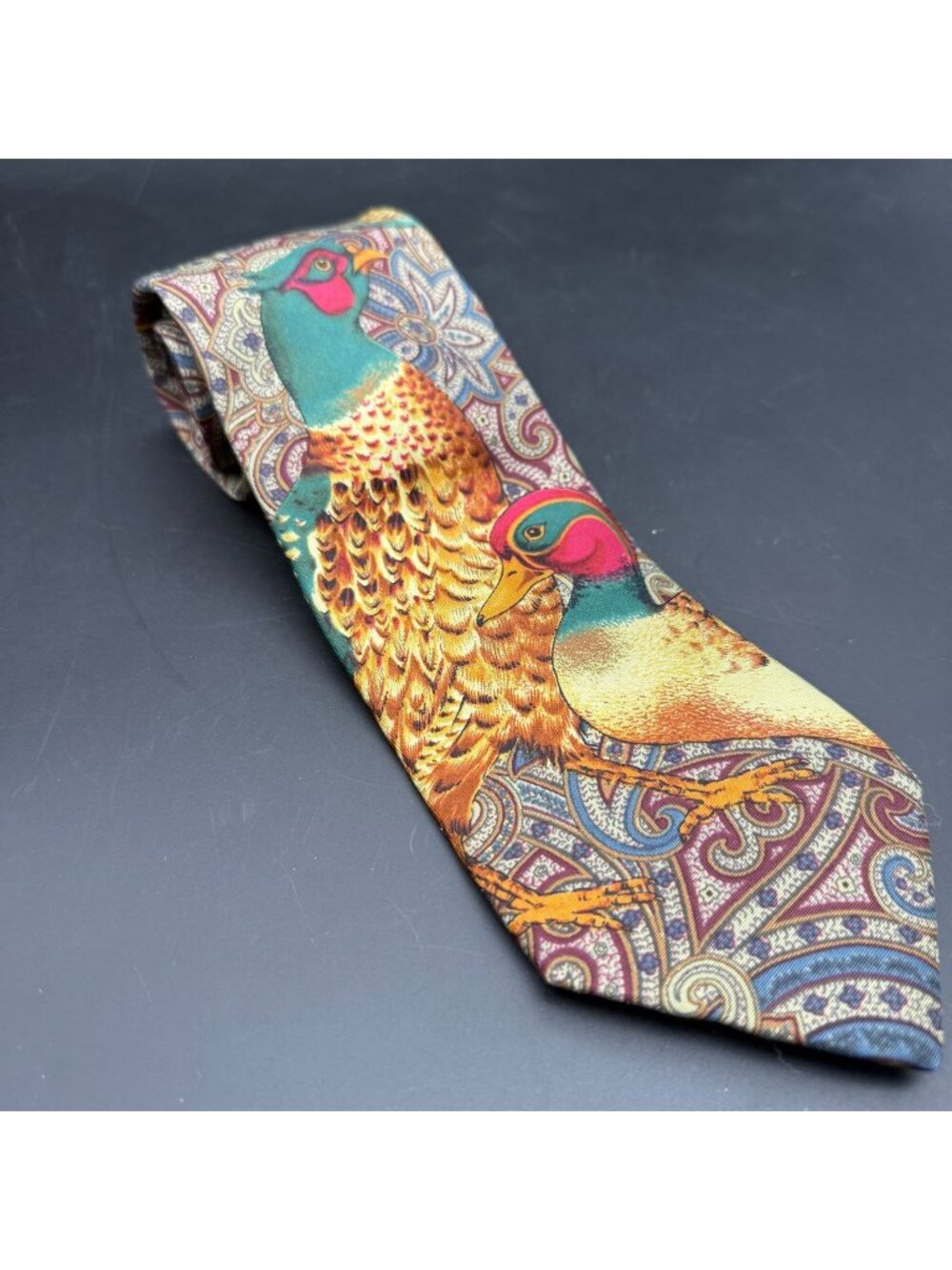 Vintage Lands End Silk Tie Pheasant Duck Game Bird Paisley Green Yellow USA
